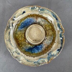 Studio Art‎ Pottery Geode Tealight Candle Holder Blue Earth Tones Raku Style